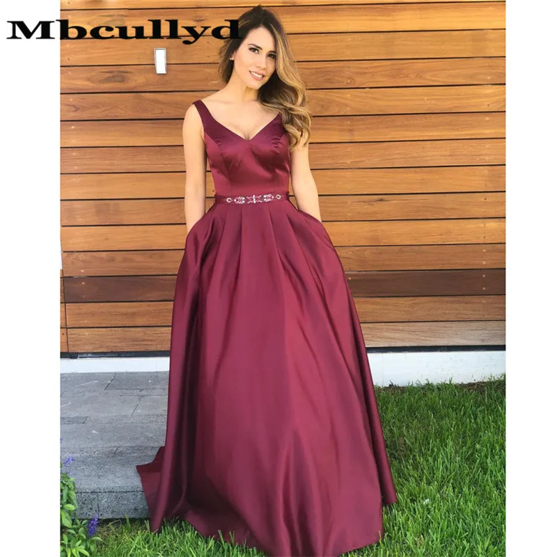 

Mbcullyd Burgundy Prom Dresses with Pockets Long Elegant V Neckline Beading Waist Formal Satin vestidos de fiesta de noche