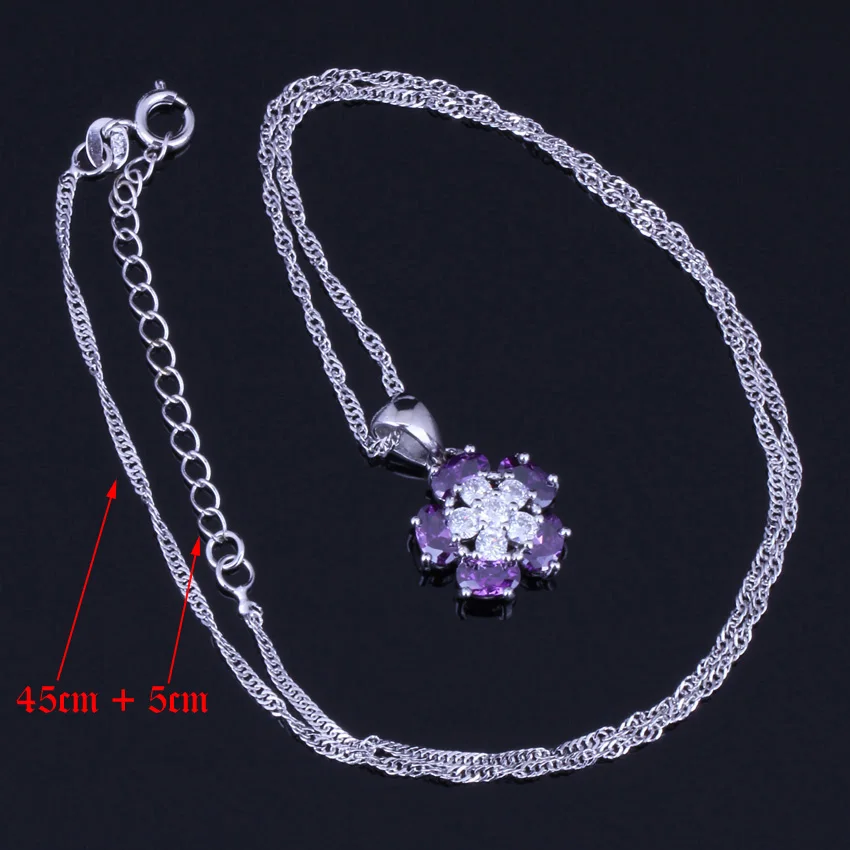 Glamorous Purple Cubic Zirconia White CZ Silver Plated Jewelry Sets Earrings Pendant Chain Ring V0231