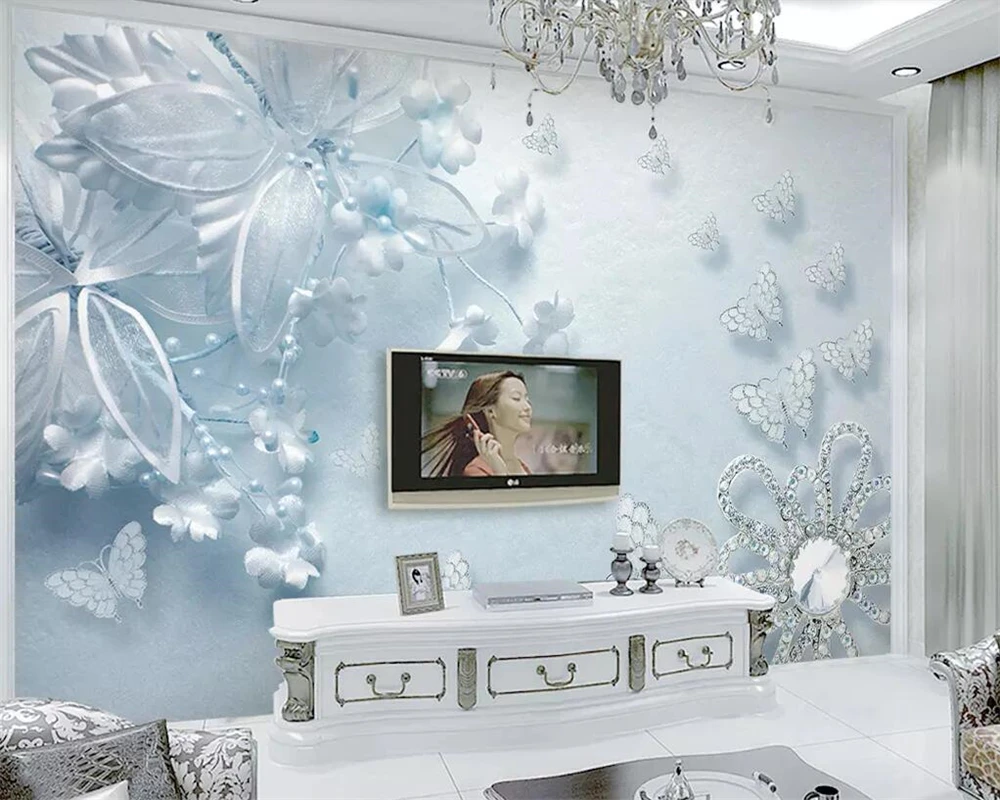 Custom wallpaper pure beautiful blue transparent flowers butterfly 3d TV background wall living room bedroom wallpaper