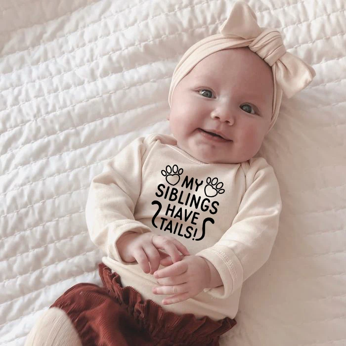 

My Siblings Have Tails Newborn Baby Letter Print White Funny Clothing Long Sleeve Jumpsuit Clothes Baby Cute Bodysuits