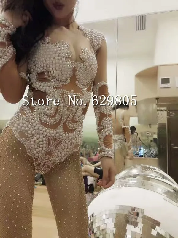 Sexy Ngọc Trai Dài Tay Áo Bodysuit Phụ Nữ của Trang Phục Chụp Ảnh Cơ Thể Khiêu Vũ phù hợp với Thanh Hộp Đêm Trang Phục Nữ Ca Sĩ Leotard Mặc