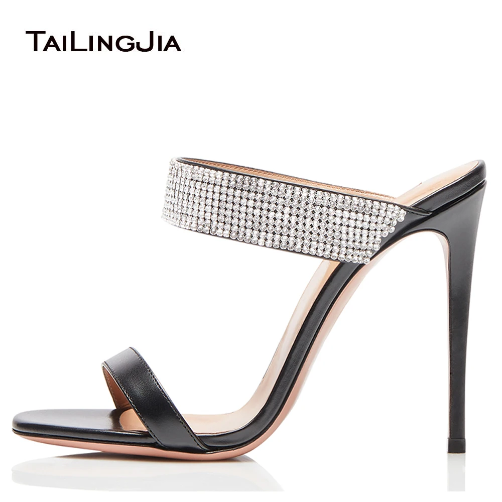 

Crystal Black High Heel Mules Women Clear Nude Heels Transparent PVC Rhinestones Heeled Wedding Party Shoes Ladies Summer Shoes