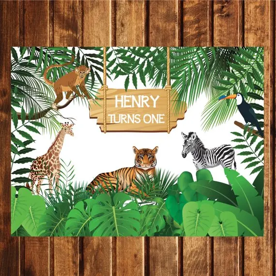 

Custom Animal Jungle Safari Tiger Zebra Giraffe Monkey Leaves Zoo photo backdrop Computer print party background