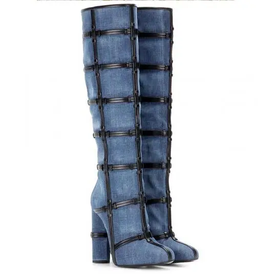 

Rough high heels knee high boots black leather chains decoration blue denim boots for woman winter long boots