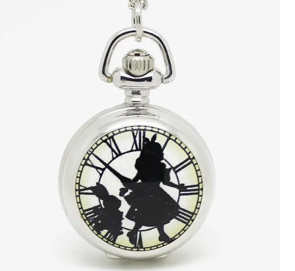 Reloj de bolsillo con espejo plateado de esmalte negro en el país de las Maravillas, reloj romano para chica, alice, reloj de hora, antiquebradizo, venta al por mayor