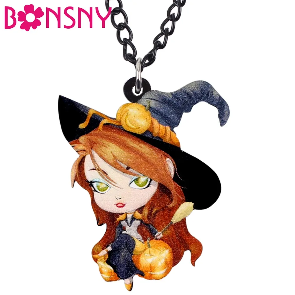 Bonsny Acrylic Halloween Anime Magic Witch Necklace Pendant Chain Collare Party Costume Jewelry For Women Girls Teens Gift Charm