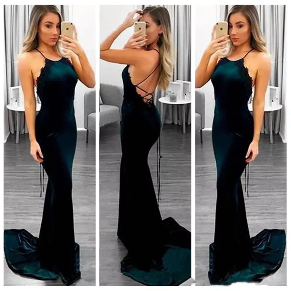 2021 Halter Slim Mermaid Lace Top Prom Dresses Criss Cross Back Sexy Junior Formal Long Vestidos De Soiree Simple Cheap