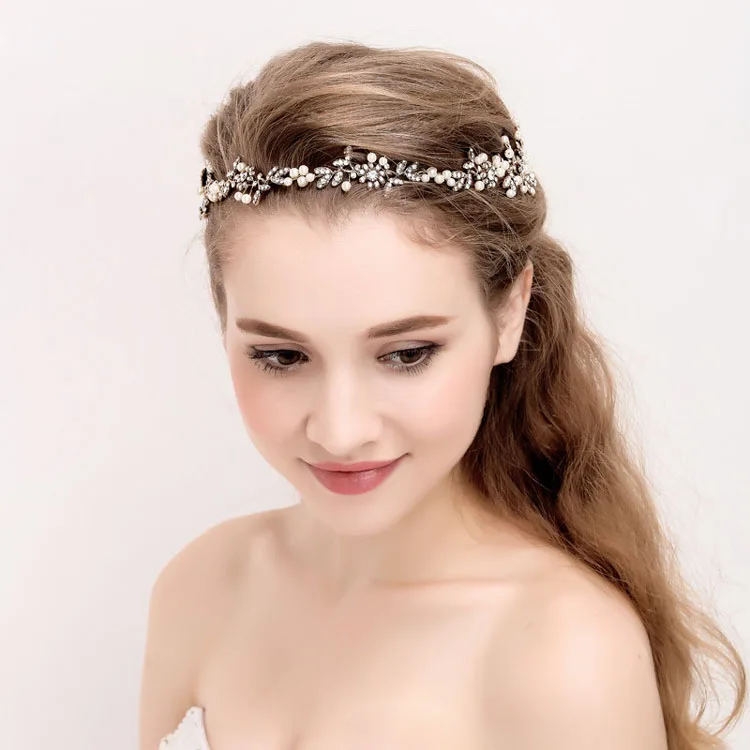 Slbridal Antiek Goud Kleur Handgemaakte Strass Kristal Parels Bloemen Bridal Wedding Tiara Hoofdband Hoofddeksel Haaraccessoires