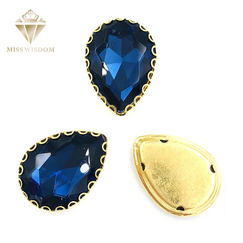 10X14/13x18mm Ink blue water drop gold bottom lacy shape claws glass crystal sew on rhinestones Diy clothing accessories