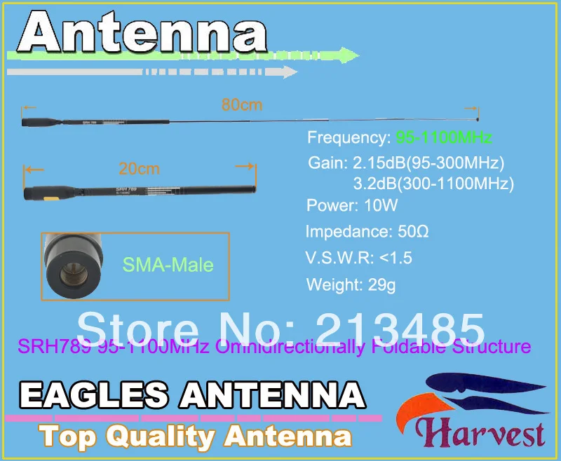 

SMA-Male Harvest SRH789 95-1100MHz Omnidirectionally Foldable Structure Telescopic Antenna 2.15dB(95-300MHz)/3.2dB(300-1100MHz)