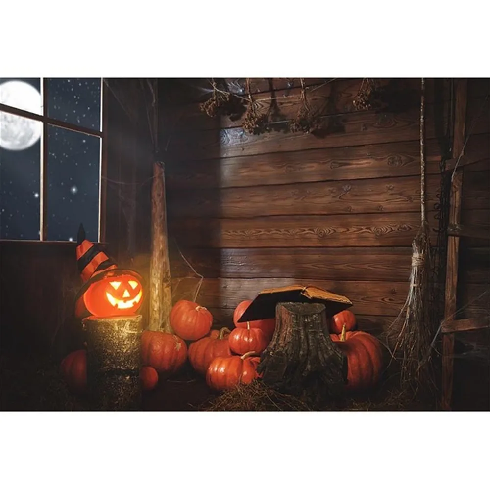 

Starry Sky Full Moon Window Halloween Kids Backdrops Printed Pumpkin Lantern with Hat Magic Book Kids Fairytale Photo Background