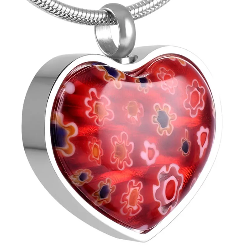 IJD8470 Cheap Stainless Steel Murano Glass Flower Love Heart Urn Pendant Memorial Necklace Cremation Jewelry by Memory House