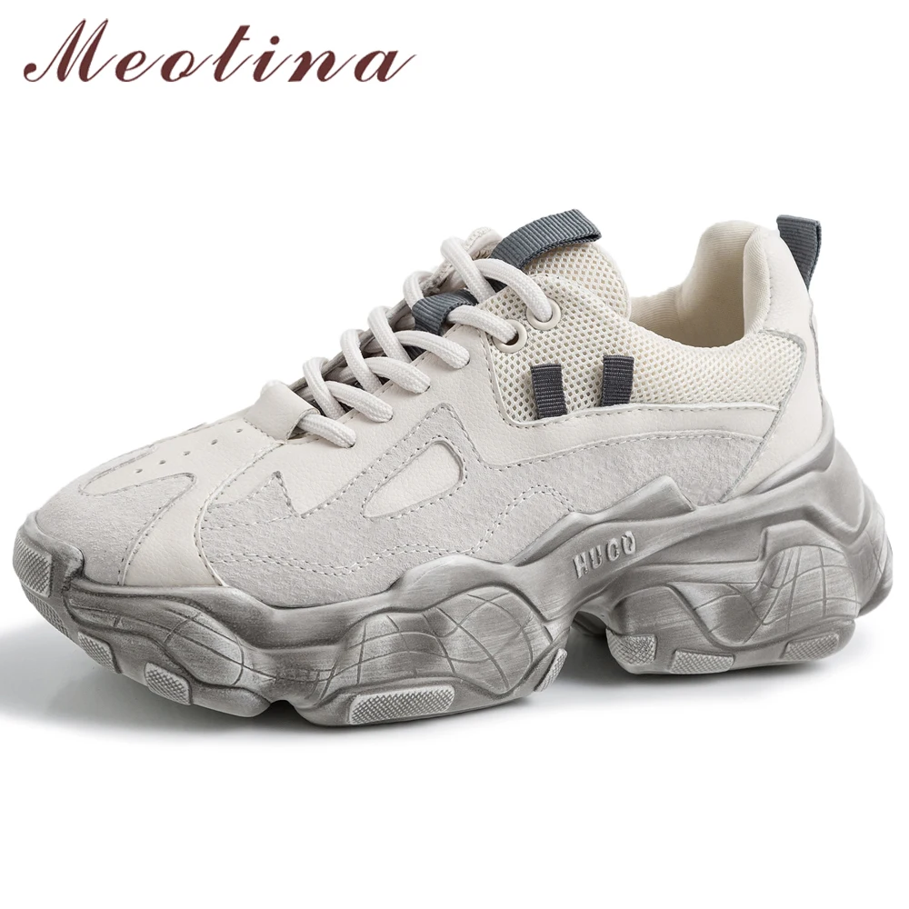 Meotina Spring Shoes Women Sneakers Natural Genuine Leather Flat Platform Shoes Casual Lace Up Round Toe Shoes Ladies Size 35-42