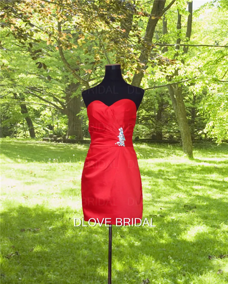 DLOVE-vestido de novia de satén rojo para dama de honor, prenda Simple de alta calidad, sin tirantes, escote Corazón, corto, fruncido, fotos reales