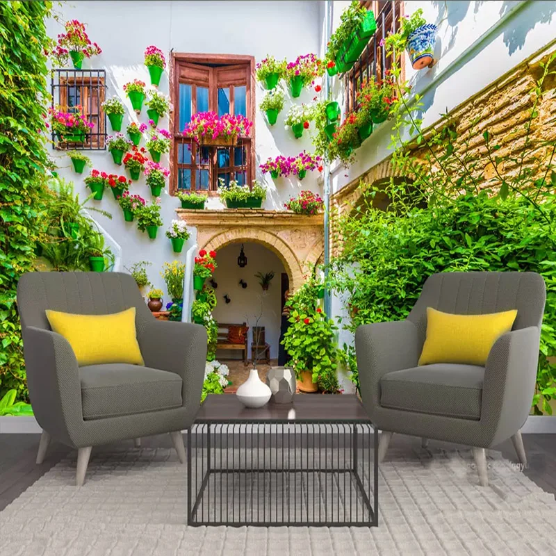 Papel tapiz de fotos, Mural de paisaje de patio de ciudad europea, restaurante, cafetería, Fondo de pared de tela, papel tapiz 3D para paredes en