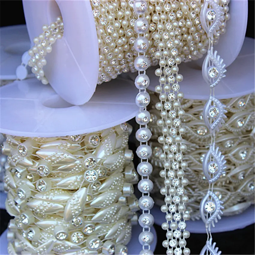 1 Yard Rhinestone Chain ABS Pearl Beads Crystal Chain Trim Sew On for DIY Wedding Costume Applique Jewelry Craft Accessories