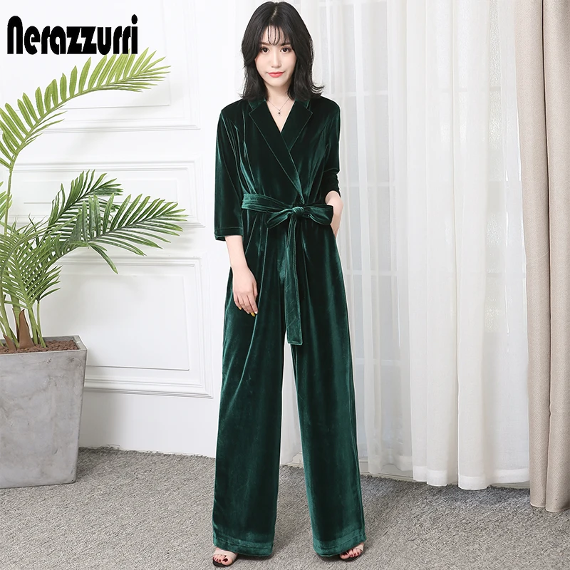 Nerazzurri Autumn Long Velvet Jumpsuit with Sleeves Sashe for Women 2022 Maxi Elegant Red Black Wide Leg floor length fashion