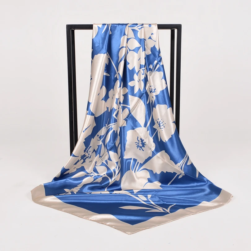 2018 Fashion Women Square Silk Scarf Shawl Printed Spring Autumn National Brand Beige Scarves Hot Sale Satin Silk Scarf Wraps image 2