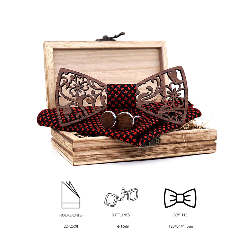 Mens 4PCS Wooden bow Tie Set Men Handkerchief wood Bowtie Cufflinks Necktie Silk Ties For Business Wedding Party Hombre