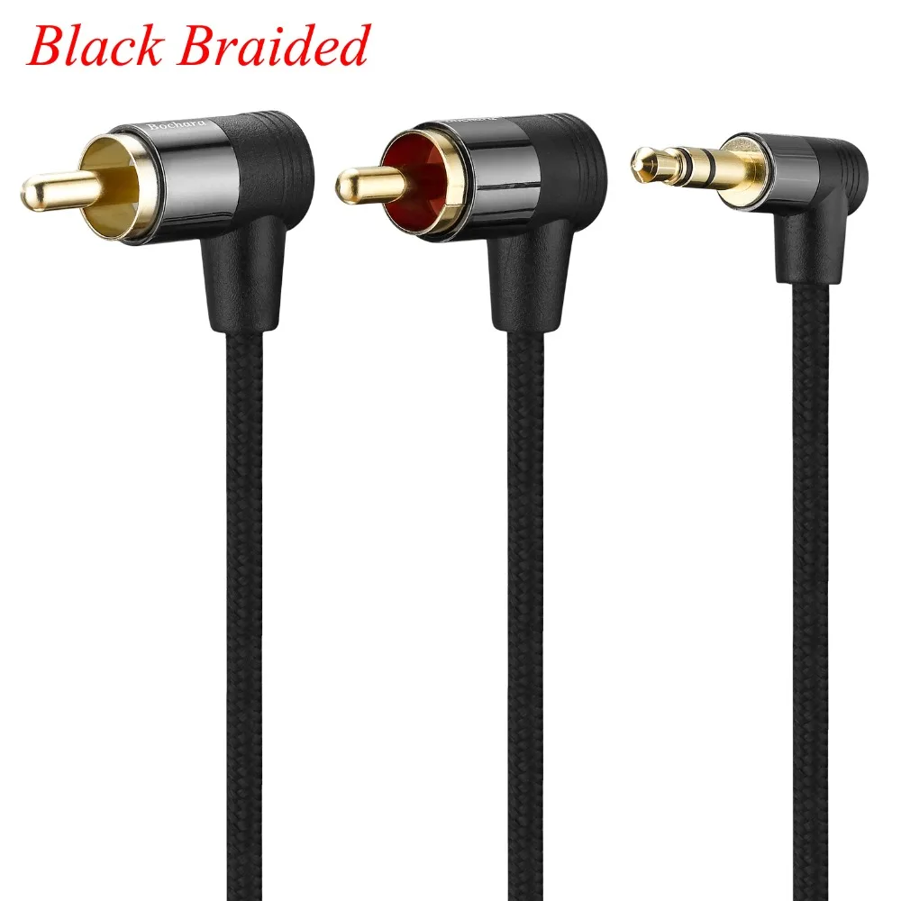 Bochara Braided 90degree 3.5mm jack to 2RCA OFC Audio Cable Gold Plated For Speakers Amplifier Mixer 1.8m 3m 5m 10m