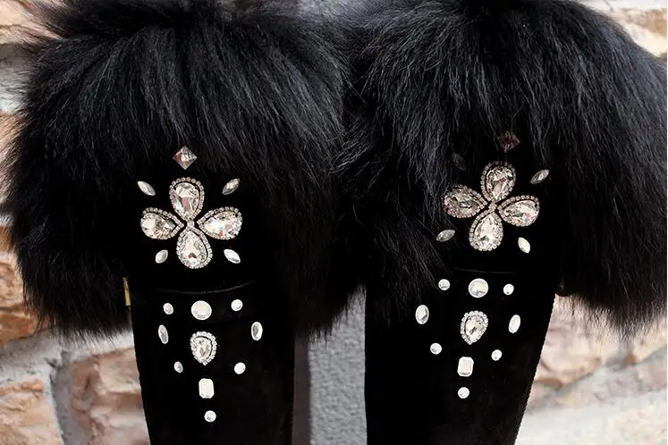 Girl\'s Winter Black Bling Rhinestone Embellished Big Fox Tail Fur Over Knee Snow Boots Women Botas Plush Inside Thigh High Boots