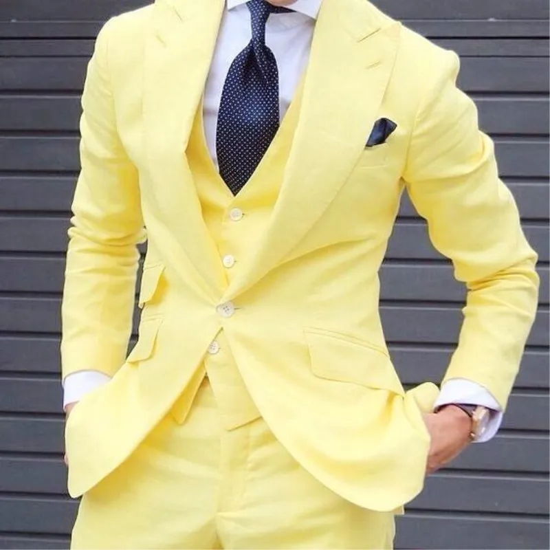 

Custom Design Yellow Men Suits Wedding Tuxedos Excellent Groom Tuxedos Business Dinner Prom Blazer 3 Piece Jacket+Pants+Vest+Tie