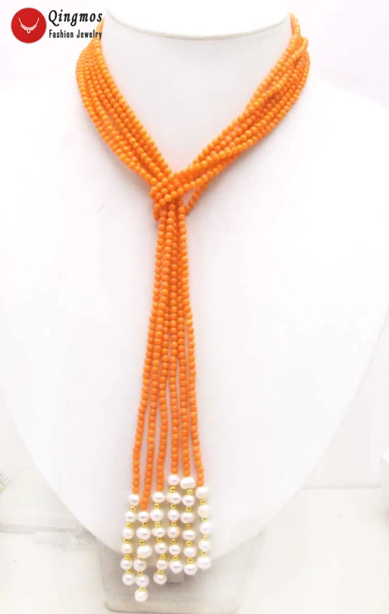 Qingmos 45'' Natural Coral Shawl Long Necklace for Women with 3 Strands 4mm Pink Coral Necklace & White Pearl Necklace Jewelry