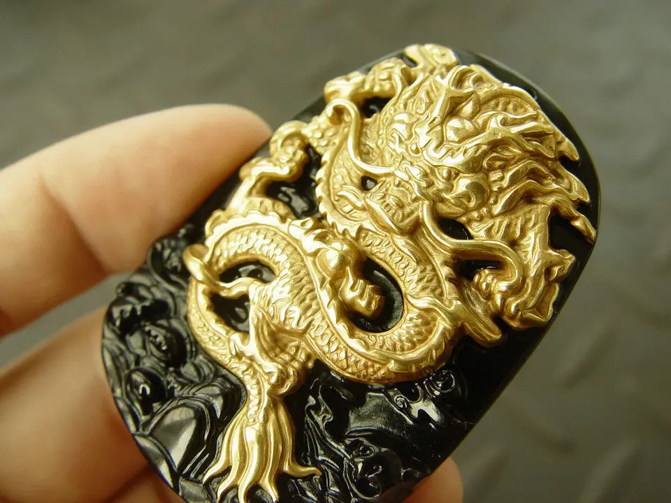 Pure Yellow Golds Inlay Natural Obsidian Black Jades Pendant Dragon