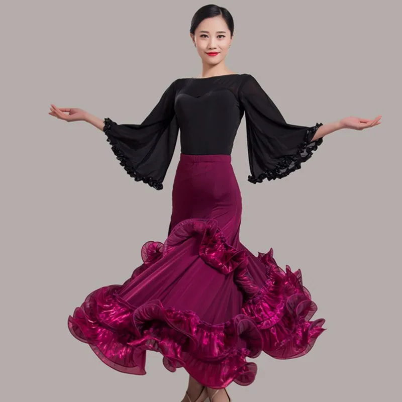 Ruffle Women Flamenco Skirt Ladies Ballroom Skirt Female Dance Skirt Long Spanish Dance Costumes Waltz Skirt  Dance Wear