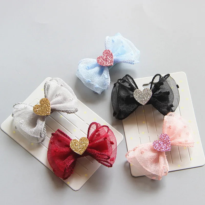 Boutique ins 20pcs Fashion Cute Glitter Heart Hair Bow Hairpins Gauze Bowknot Hair Clips Princess Headwear Hair Accessories