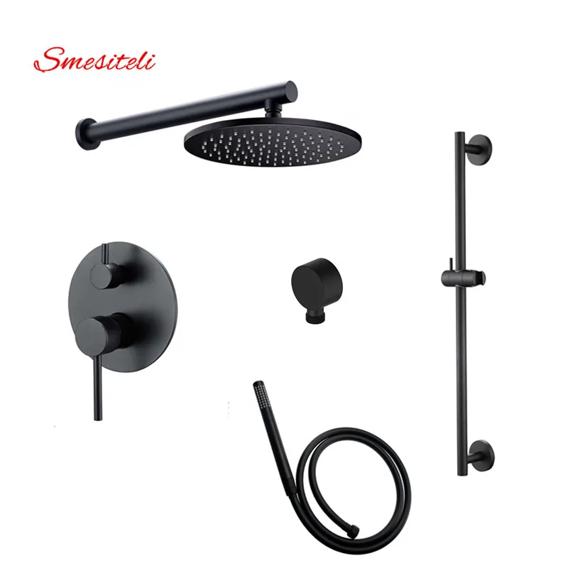 Smesiteli Luxury All Brass Matte Black Round Style Wall-Mount 8 Inch Or 10 Inch Rain Shower Head & Slide Bar Hand Shower System