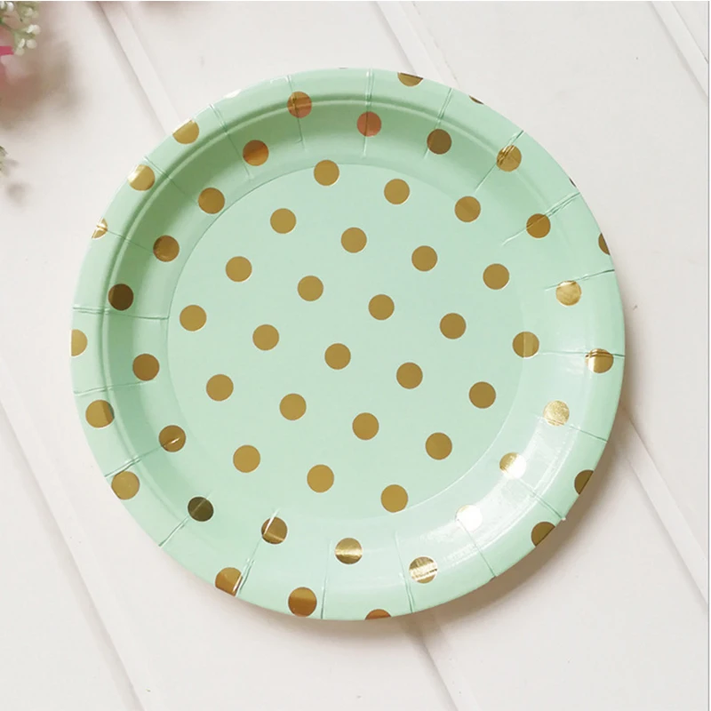 Mint Green Foil Gold Party Supplies Disposable Tableware Sets Paper Plate Cups Straws For Baby Shower Baptism Wedding Decor