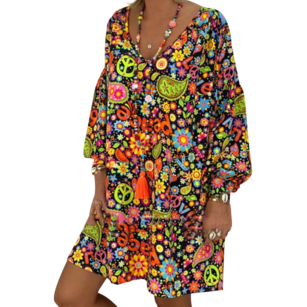 women dresses summer 2021  Multicolor Paisley Print Long Sleeve V Neck Summer Loose Mini Dress vestido de mujer robes for women