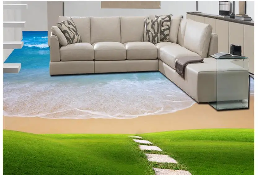 

3d wallpaper pvc 3d floor painting wallpaper Seaside lawn floor pvc self-adhesive wallpaper 3d flooring