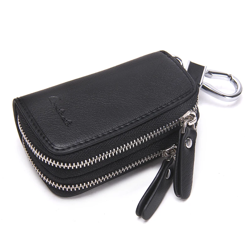 CONTACT\'S Genuine Leather Car Key Wallets Fashion Key Holder Housekeeper Keys Organizer Double Zipper Keychain Case Key Pouch