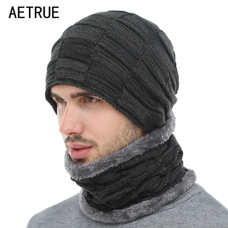 AETRUE 2019 Winter Beanie Hat Scarf skullies beanies Soft Skull Warm Baggy Cap Mask Gorros Winter Hats For Men Women Knitted Hat