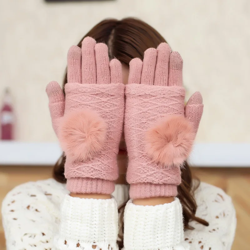 Touch Screen Gloves Women Winter Warm Double layer Separable Fingerless Gloves Female Rabbit Fur Pom Poms Mittens Gants Femme