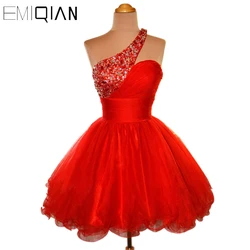 Classical Short Beaded Prom Dresses,Short Party Dress,Puffy Skirt One-shoulder Red Tulle Cocktail Dresses