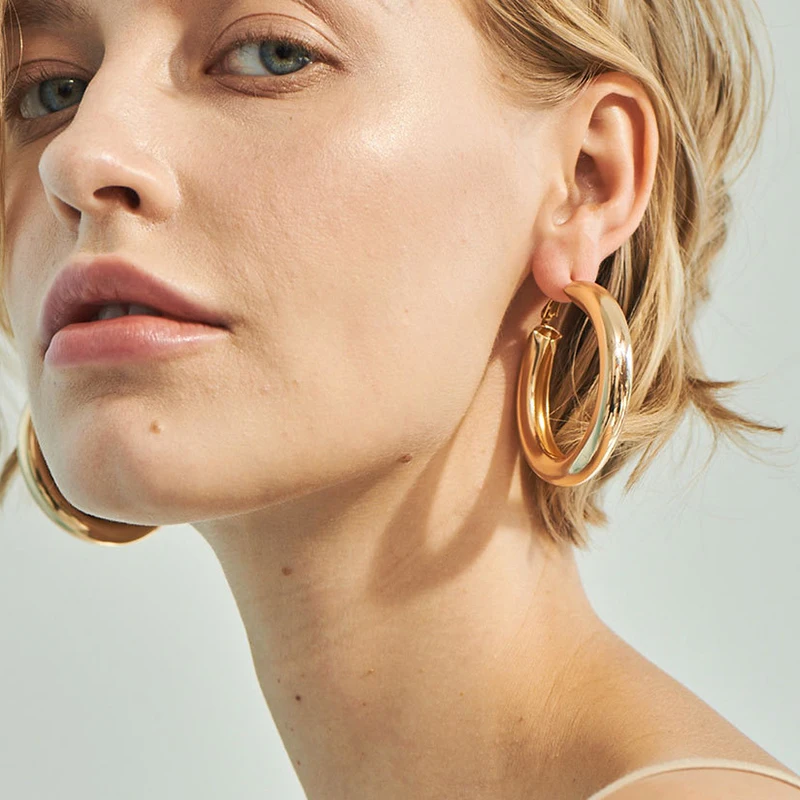 Hiphop Punk Alloy Hoop Earrings Minimalis Thick Tube Metal Boho Statement Earrings Gold Silver Color Circle Round Jewelry