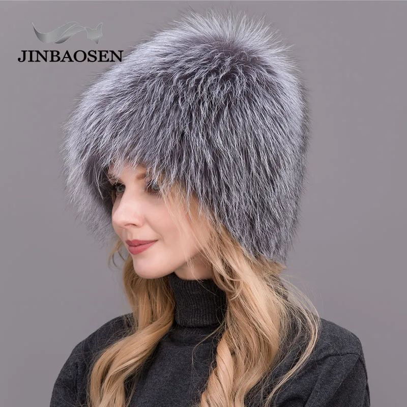 JINBAOSEN Female Winter Fur Hat Real Fox Fur Hat Knitted Silver Fox Fur Hat Female Bomer Cap