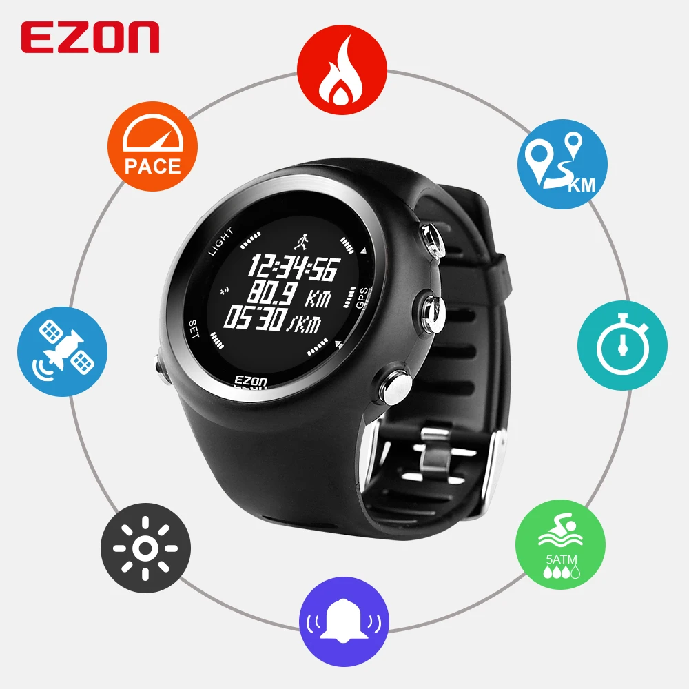 Men\'s Digital Sport Wristwatch GPS Running Watch With Speed Pace Distance Calorie Burning  Stopwatch 50M Waterproof EZON T031