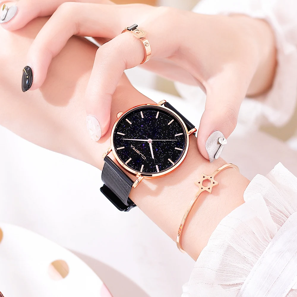 Relojes de oro rosa de diamante de lujo para mujer, reloj de pulsera de cuarzo de malla magnética, reloj de cielo estrellado para mujer