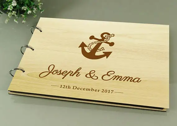 personalized anchor nautical wedding guest album engraved Wooden guestbooks Reception party favors decorations