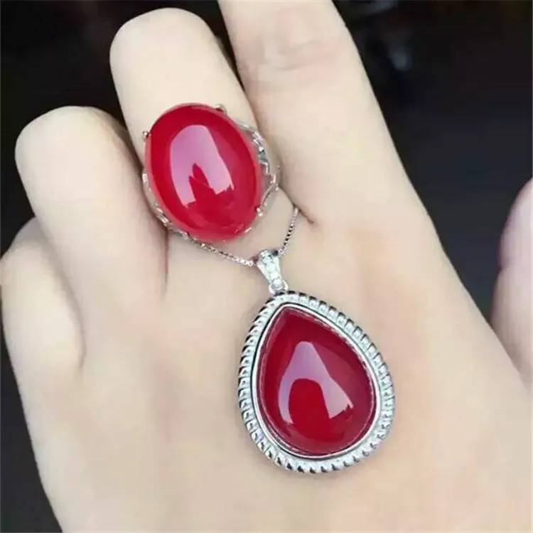 

KJJEAXCMY boutique jewels 925 Pure silver inlay natural red jade medulla ring + pendant + set set inlay drill-drop plant xiangya