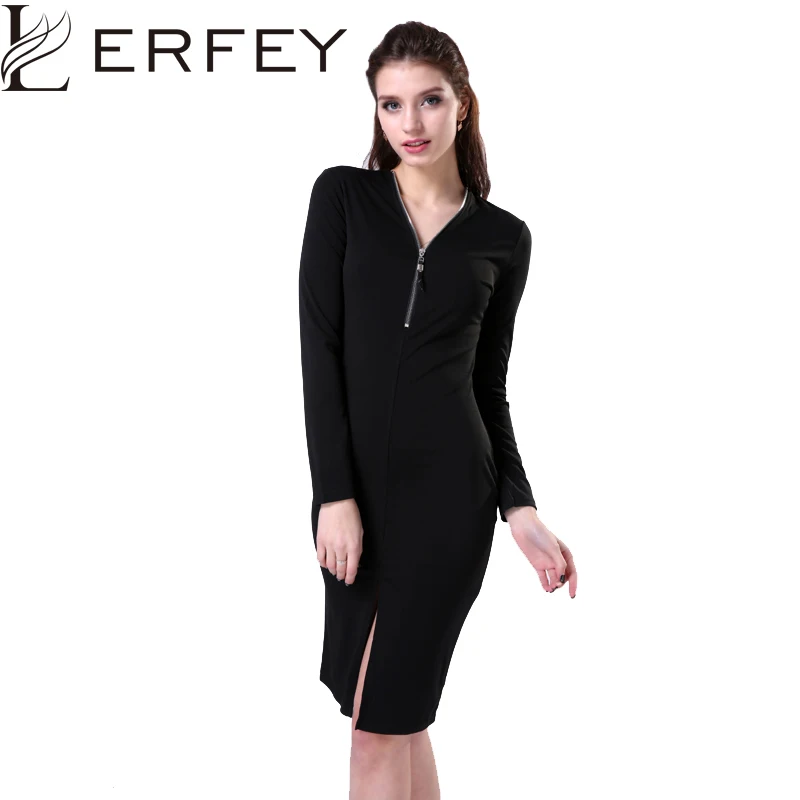 

LERFEY Women Sexy Bodycon Dress Long Sleeve Autumn Zipper Sheath Black Dresses Slim Winter Red Patry Dress V Neck Dress