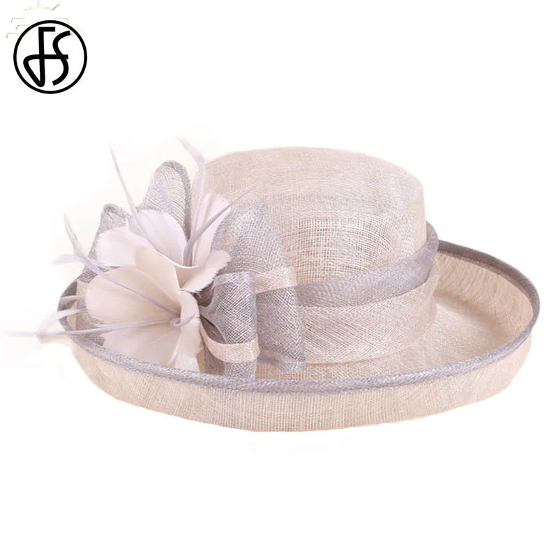 FS Black White Ladies Church Hats Women Elegant Sinamay Fascinators Hat Wedding Linen Fedora Wide Brim Floral Kentucky Derby Hat