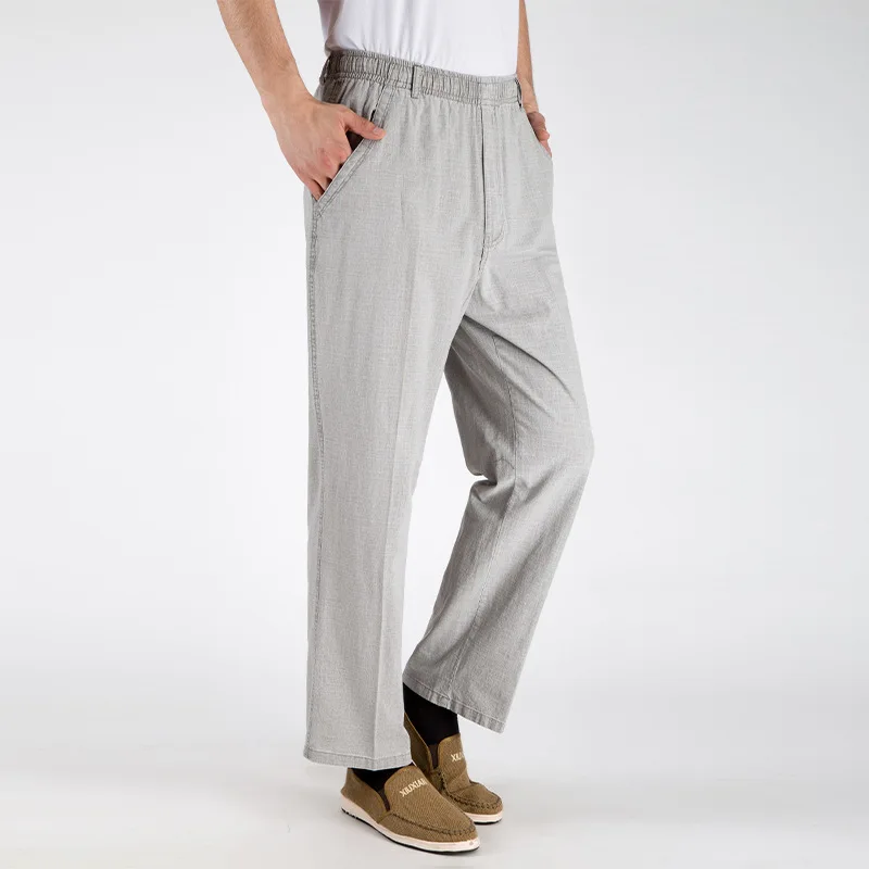 

Fashion Summer Thin Linen Pants Men Casual Trousers Straight Pants Loose Baggy Elastic High Waist Pants Male Clothing