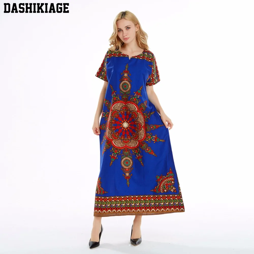 

Dashikiage 100% Cotton New Arrival Blue Women's African Sun Print Dashiki Stunning elegant African Ladies Dress