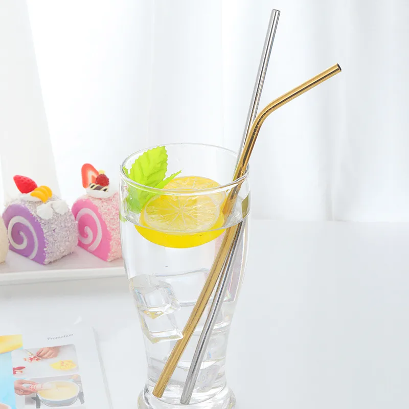 2 Pcs Long Stainless Steel Drinking Straws with Cleaner Brush Reusable Metal Straws 26.7cm Length Eco-friendly Home Bar Tools