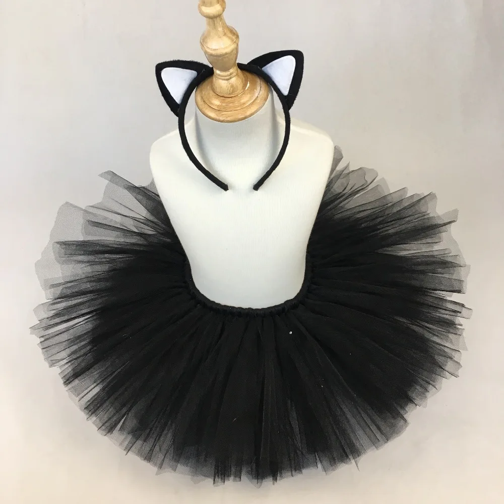 Girls Black Cat Tutu Skirt Baby Handmade Fluffy Tulle Ballet Pettiskirts with Hairbow Set Kids Party Skirt Costume Cosplay Cloth